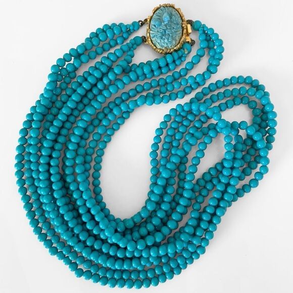 Vintage Glass Turquoise Muti Strand Carved Clasp Necklace - Picture 2 of 8